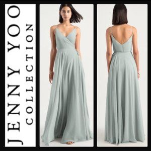 Jenny Yoo Women's James Wrap Long Chiffon Gown, Morning Mist, Sz 2